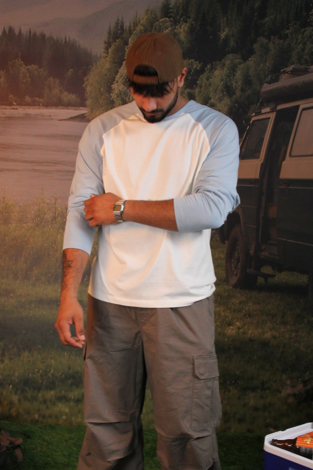 Long Sleeve Raglan - Ecru & Light Blue